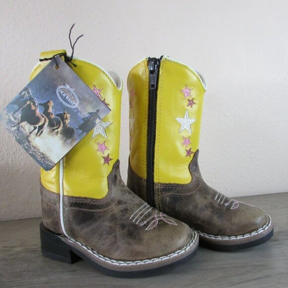 Old West Toddler Girl's Square Toe Star Print Western Boots Yellow BSI1962 - Picture 1 of 4